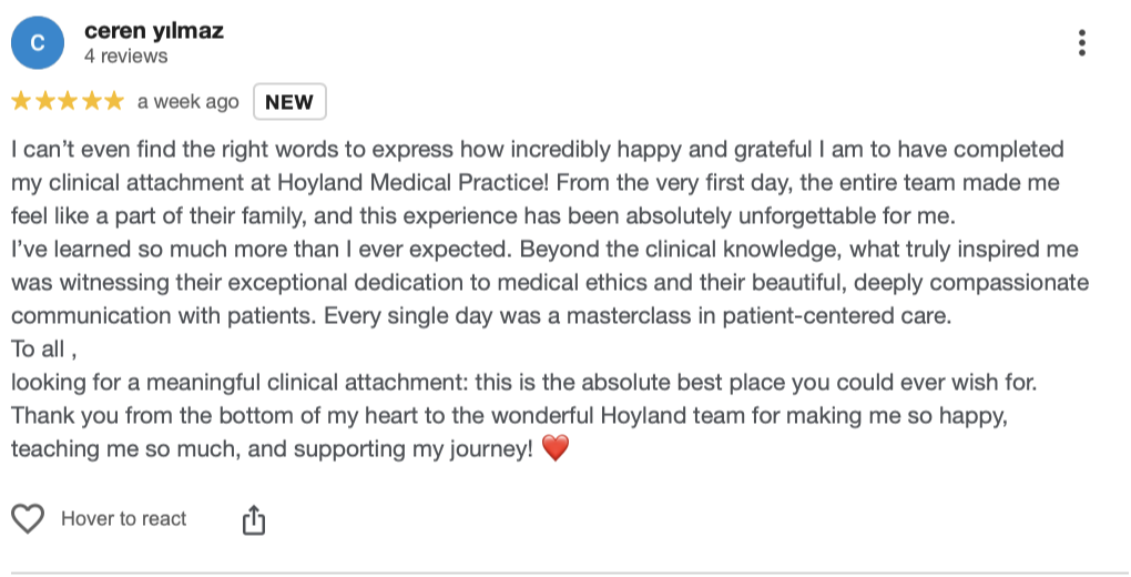 Screenshot of a Google review from Ceren Yilmaz about the clinical attachment at Hoyland Medical Practice