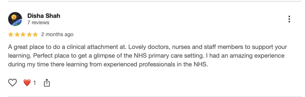 Screenshot of a Google review from Disha Shah about the clinical attachment at Hoyland Medical Practice