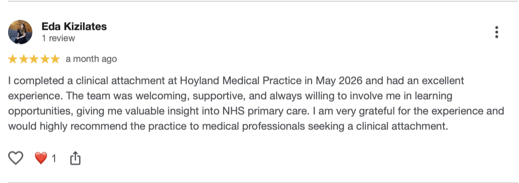 Screenshot of a Google review from Eda Kizilates about the clinical attachment at Hoyland Medical Practice