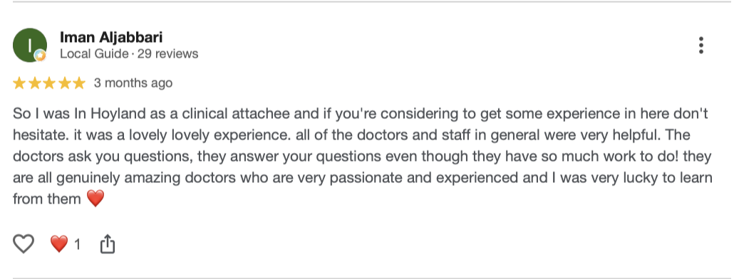 Screenshot of a Google review from Iman Aljabbari about the clinical attachment at Hoyland Medical Practice